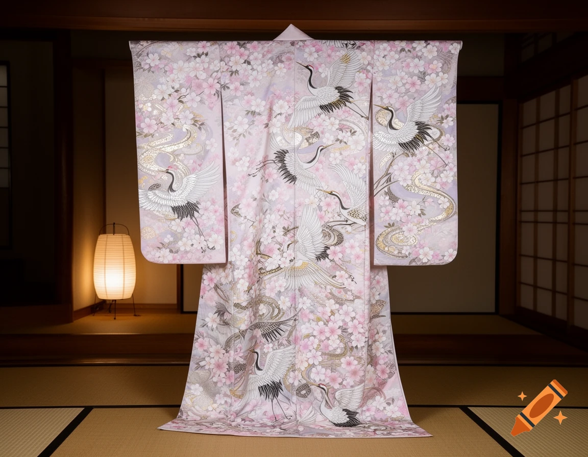 A light pink kimono with intricate white crane, gold, and pink cherry blossom designs, displayed in a traditional Japanese room with a lantern.