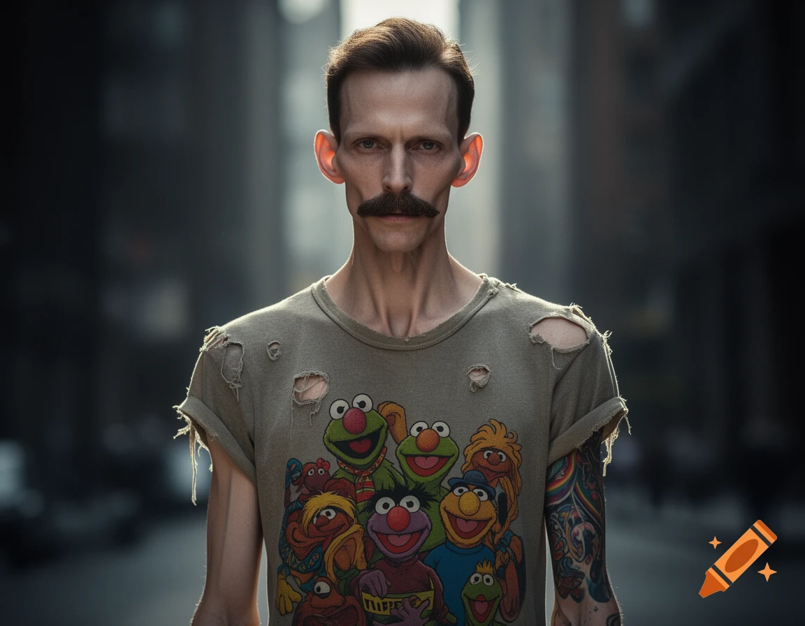 A highly detailed photo of a very thin man with a prominent mustache, wearing a ripped t-shirt with Muppet characters and a vibrant rainbow tattoo.