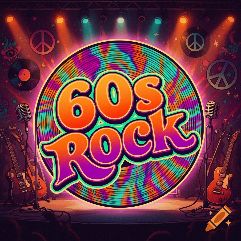 A vibrant retro 60s Rock logo on a concert stage background with guitars, microphones, peace signs, and vinyl records.