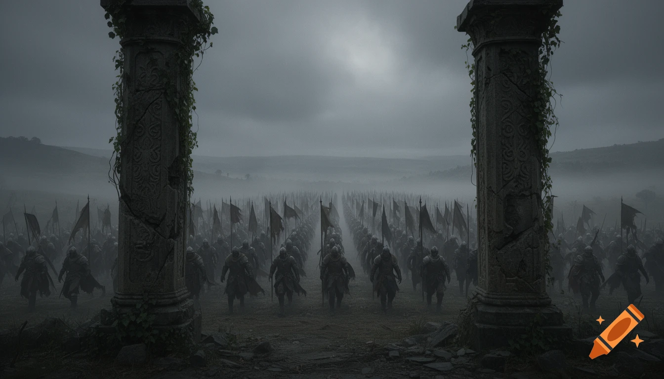 A vast army of armored soldiers marches in formation through a misty field, framed by two ancient, ruined pillars, in a dark fantasy style.