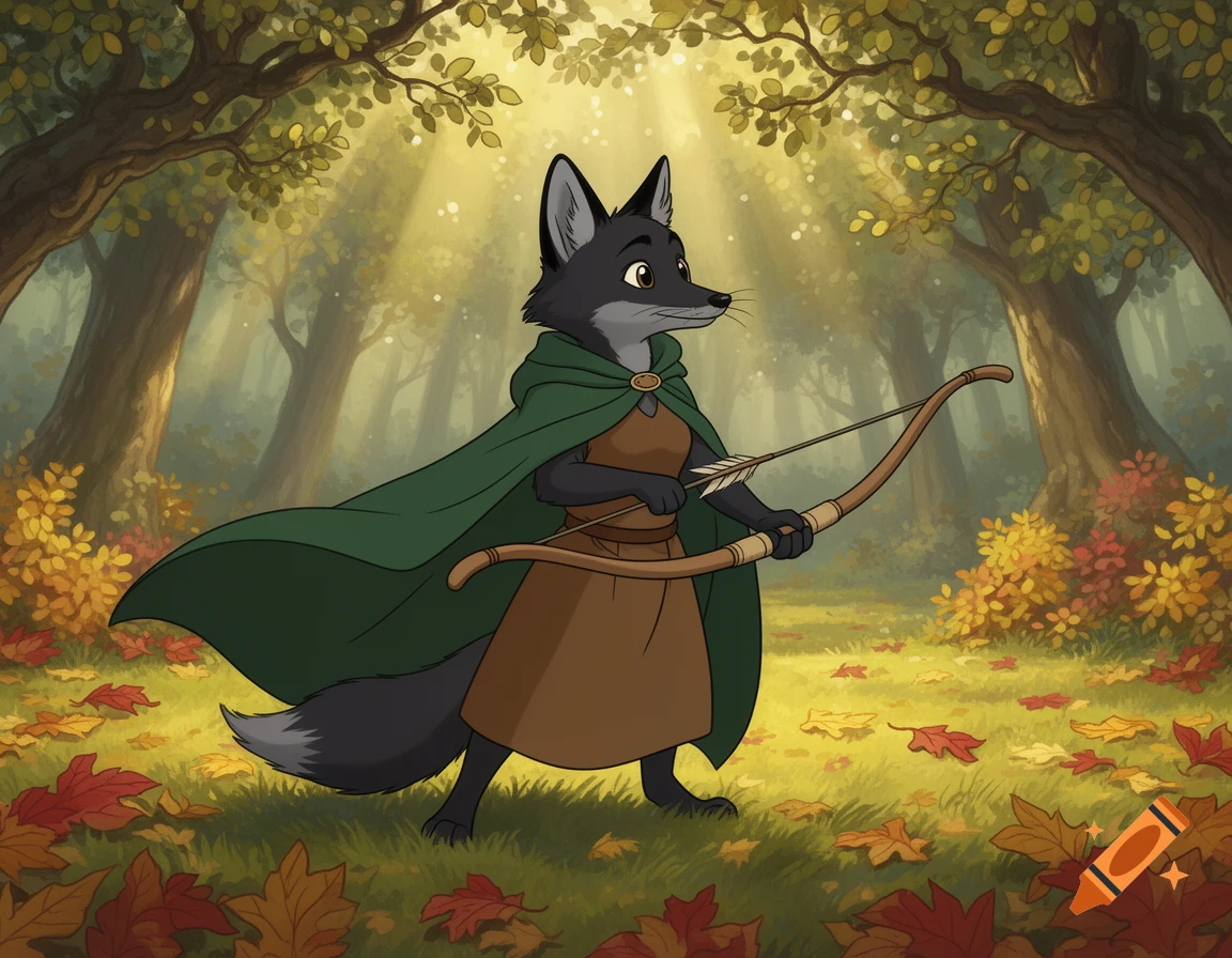 A black fox character in a green cloak and brown dress, holding a bow and arrow in a sun-dappled autumn forest, in an animated style.