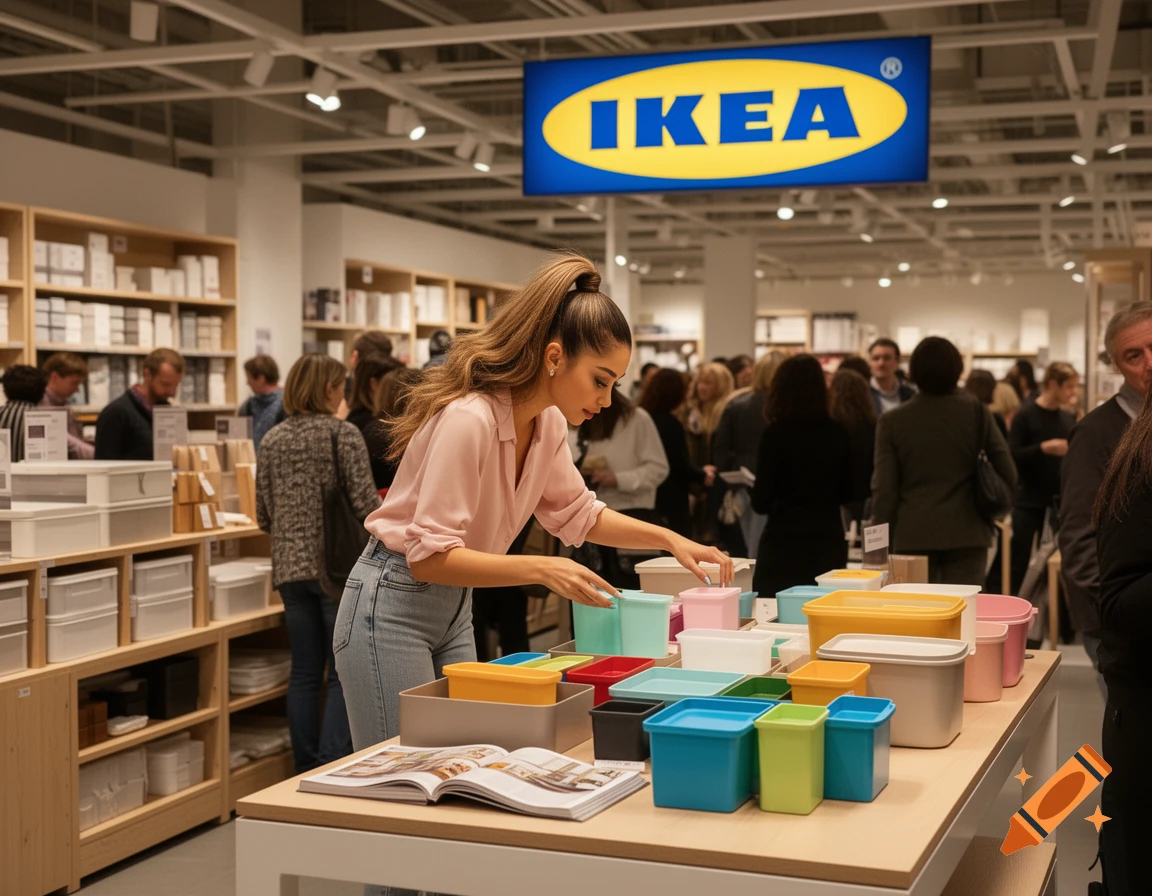 A woman with a high ponytail shops for colorful storage containers in a brightly lit IKEA store.