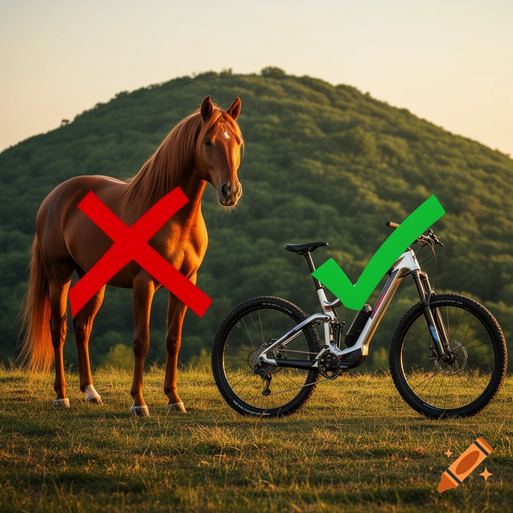 Photorealistic image of a brown horse marked with a red X and a mountain bike marked with a green check in a grassy field.