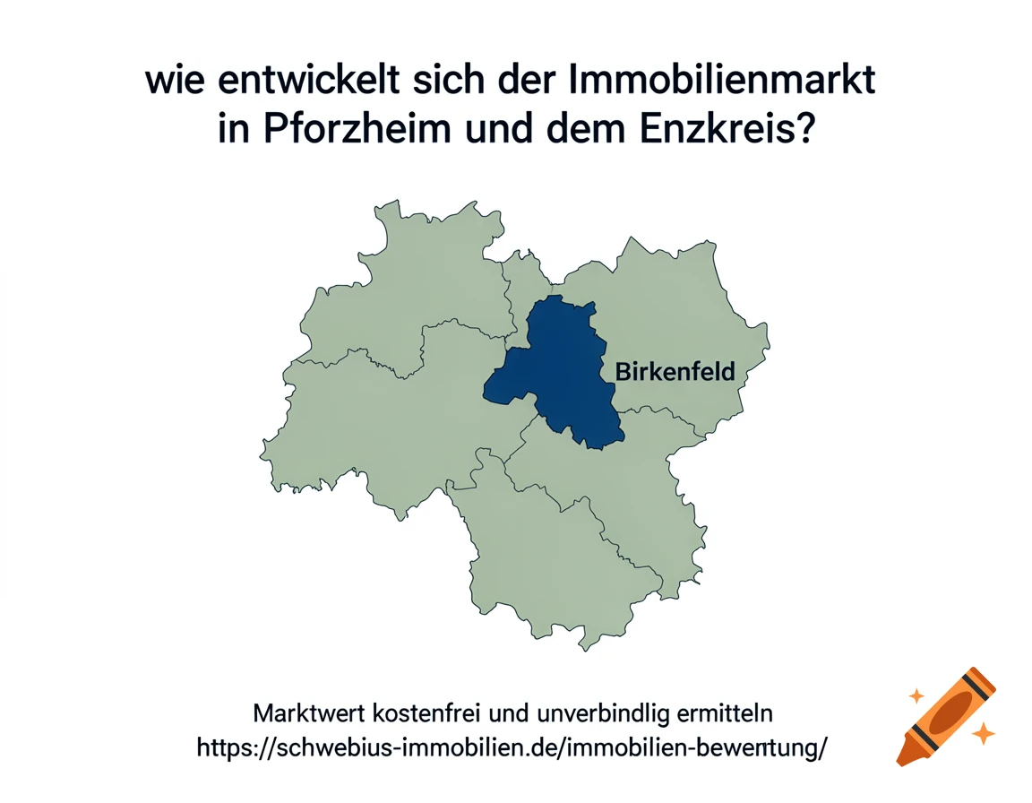 Stylized map of Pforzheim and Enzkreis in Germany, with Birkenfeld highlighted in blue, and German text about the real estate market.