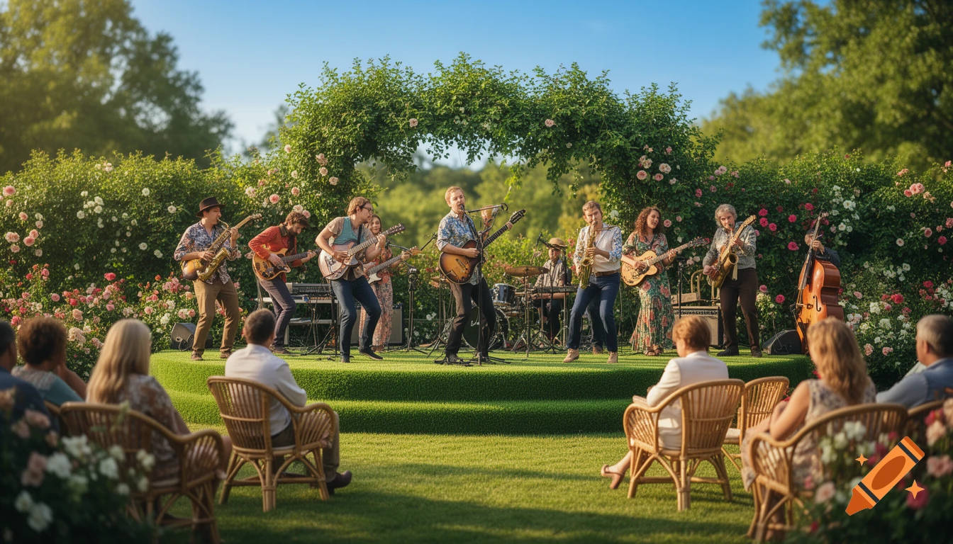 A band performs on a grass-covered outdoor stage under a flowery arch, with an audience seated in a sunny garden.