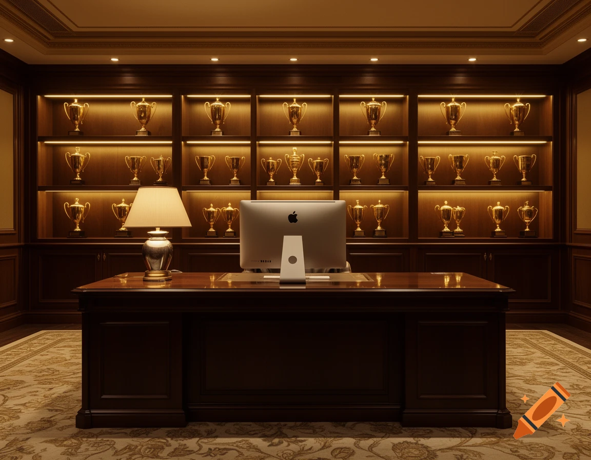 Photorealistic shot of a luxury executive office with a dark wooden desk, computer, and a bookshelf filled with illuminated golden trophies.