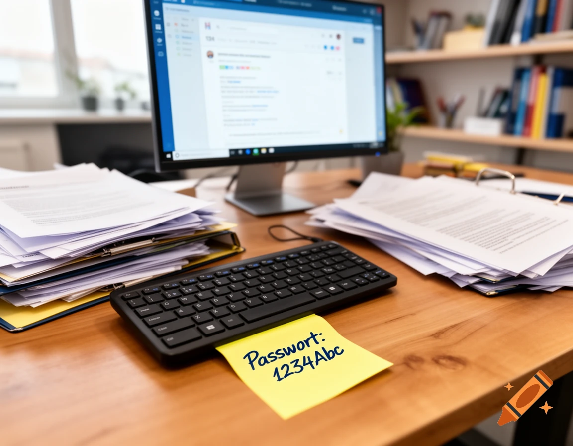 A photorealistic image of an office desk with a computer, stacks of papers, a keyboard, and a sticky note with a password.