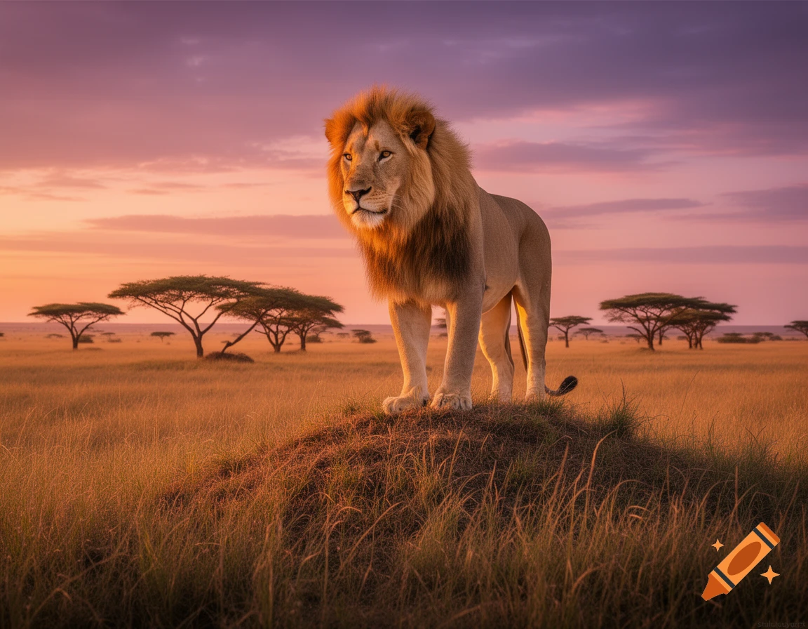 A majestic lion stands on a grassy mound in an African savannah at sunset with acacia trees.