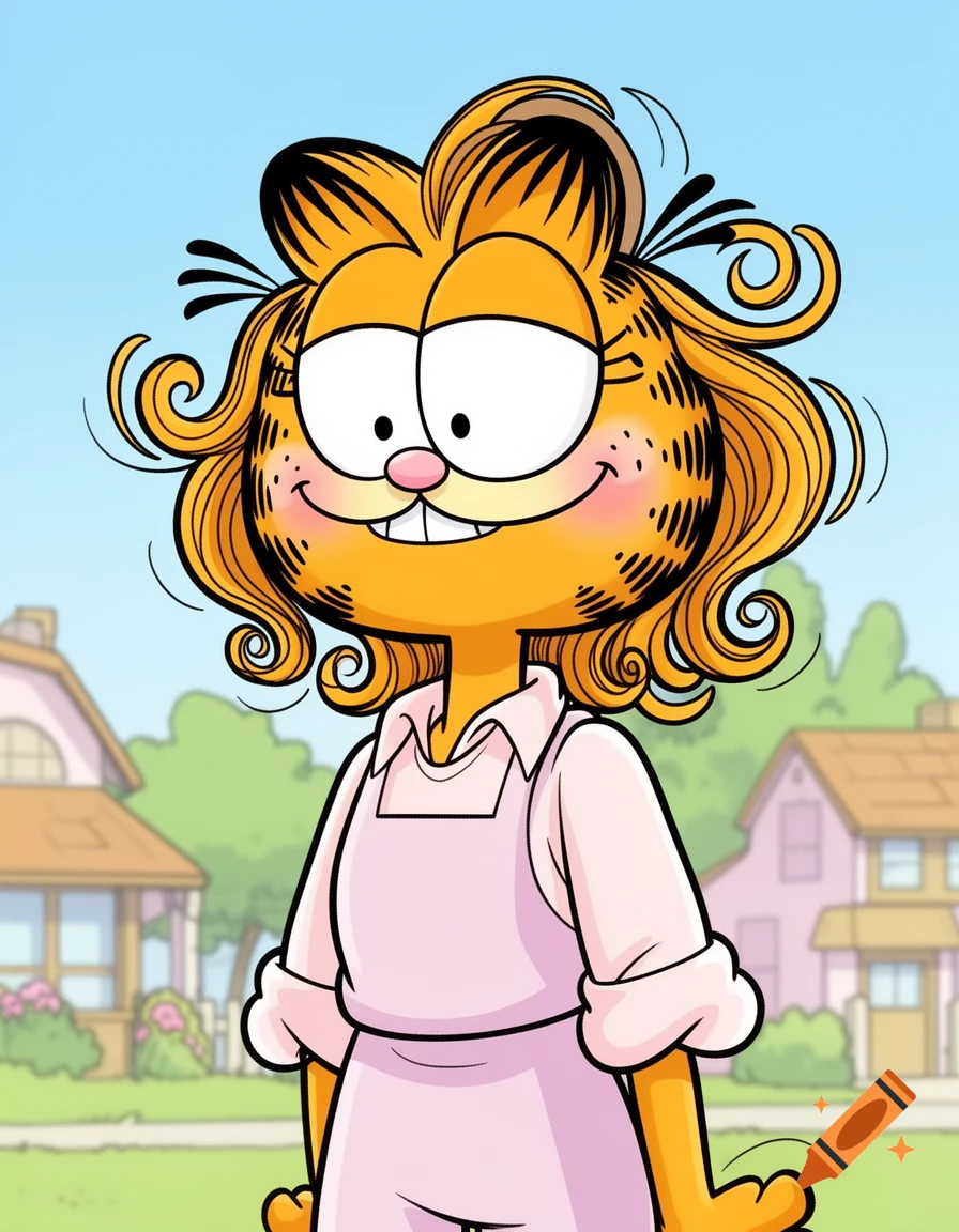 A cartoon girl with Garfield's head and orange curly hair wears a pink apron and white shirt, smiling in a suburban setting.