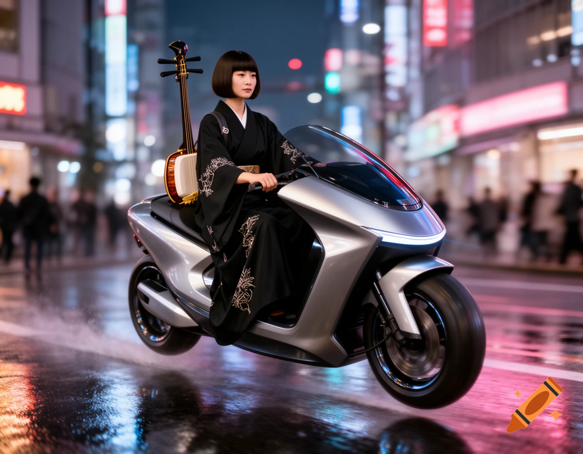 A Japanese woman in a black robe with a shamisen on her back rides a silver futuristic motorbike on a wet city street at night.