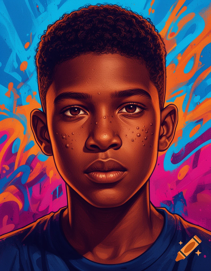 Stylized portrait illustration of a young Black boy with short curly hair and freckles, against a vibrant blue, orange, and pink graffiti background.