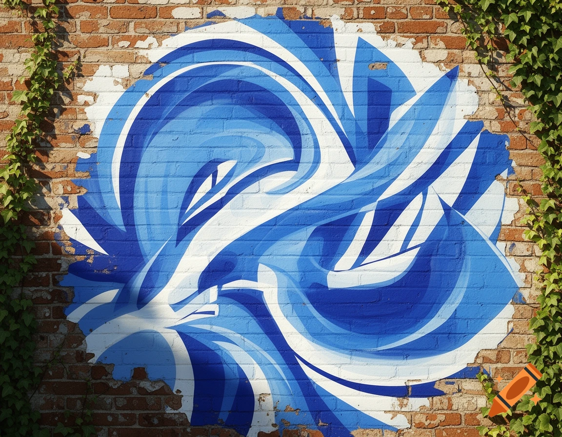 Abstract blue and white art painted on a brick wall, framed by green ivy.