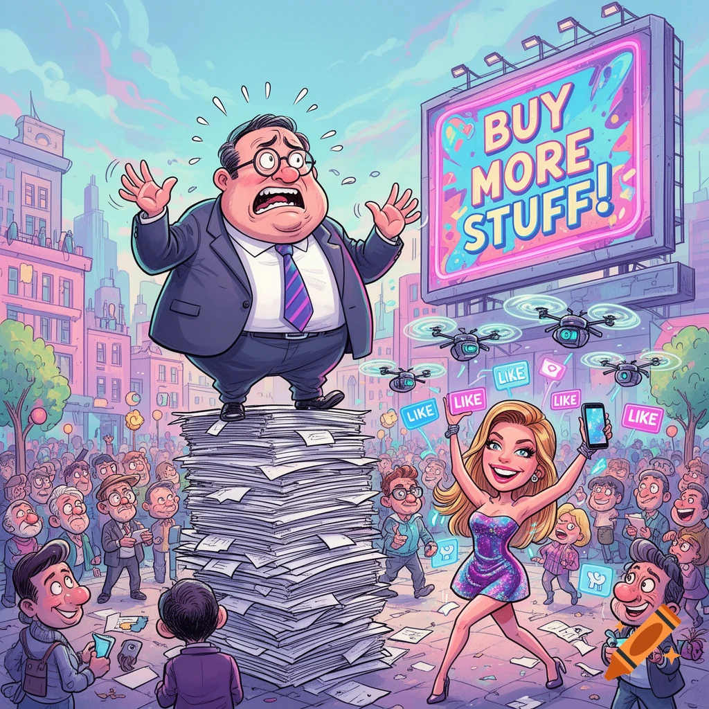 Cartoon of a man stressed atop a paper pile, a joyful woman with a phone and 'LIKE' bubbles, drones, and a 'BUY MORE STUFF!' billboard in a city.