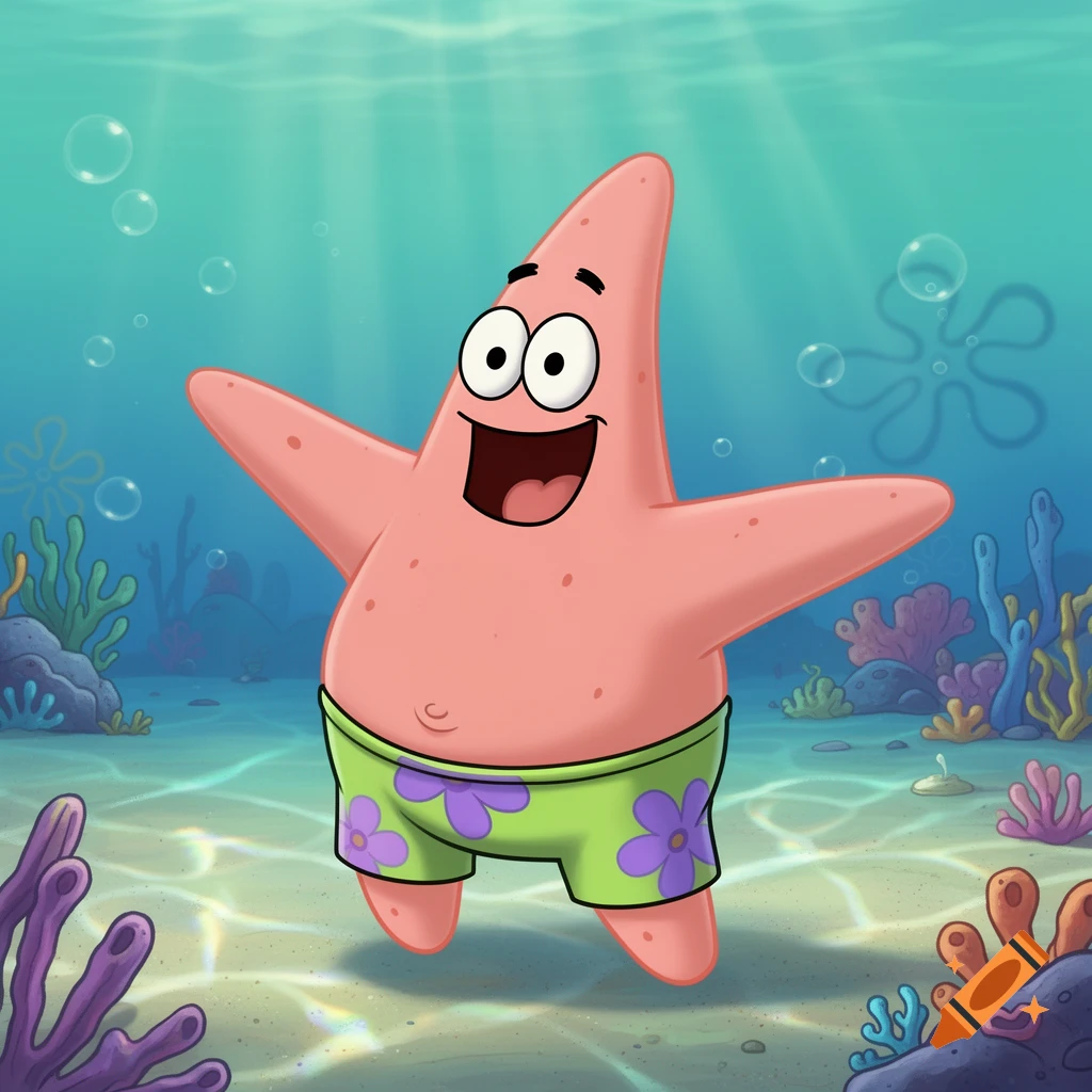 Patrick Star from SpongeBob SquarePants smiling with outstretched arms underwater, surrounded by bubbles and coral.