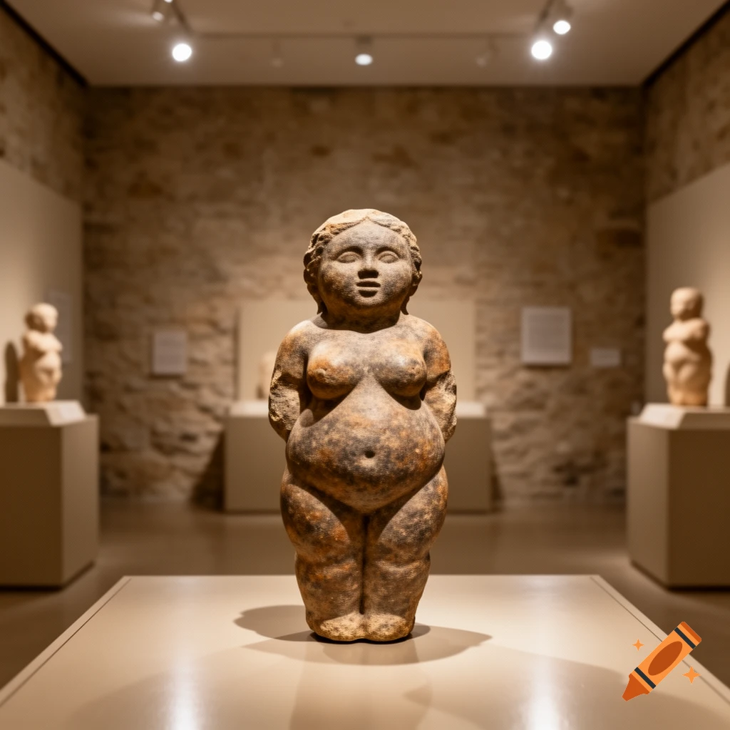 A photorealistic ancient fertility statue with a textured, mottled surface, centrally displayed in a museum gallery.