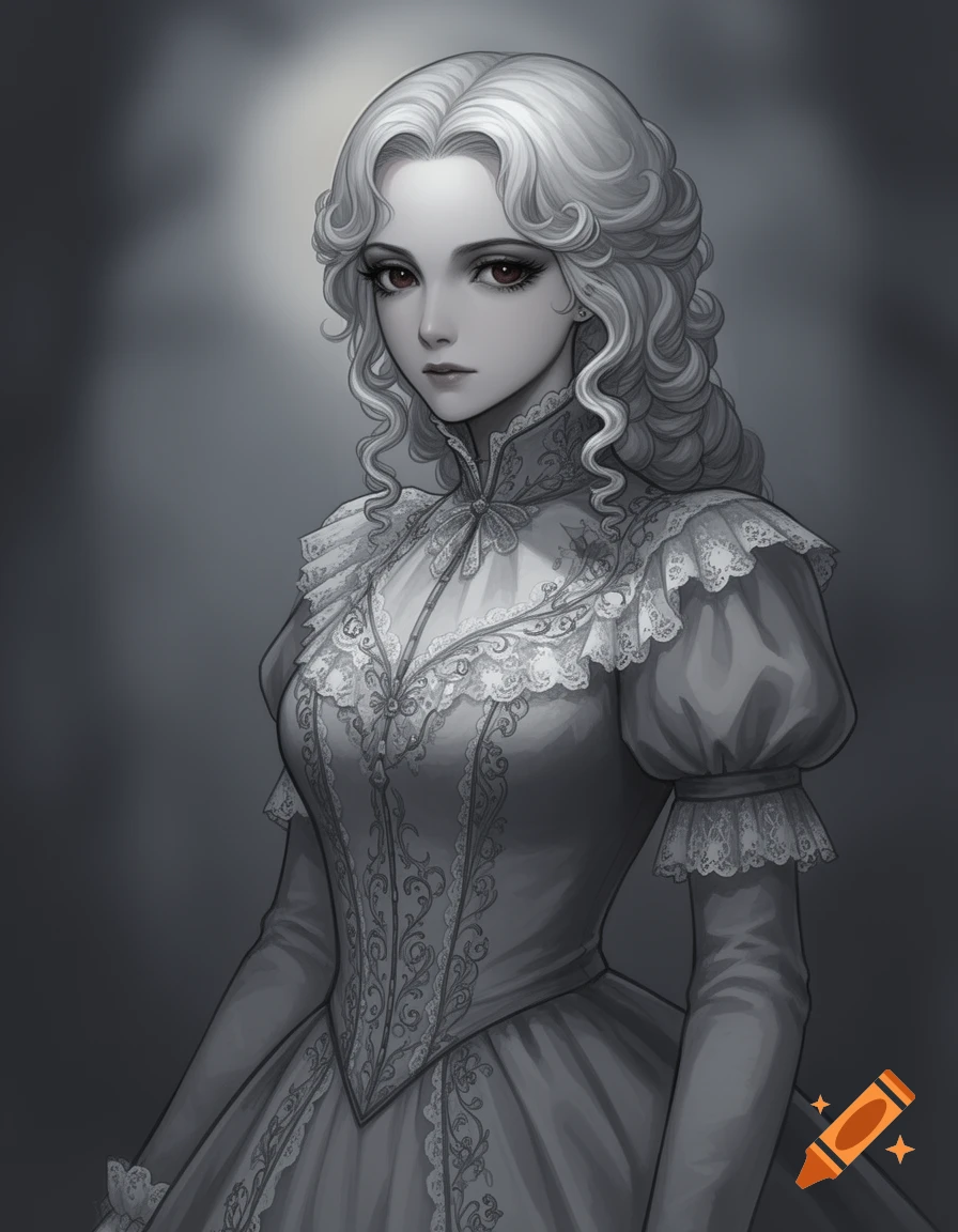 Desaturated semi-realistic anime portrait of a young woman with light curly hair, red eyes, and an ornate Victorian lace dress.