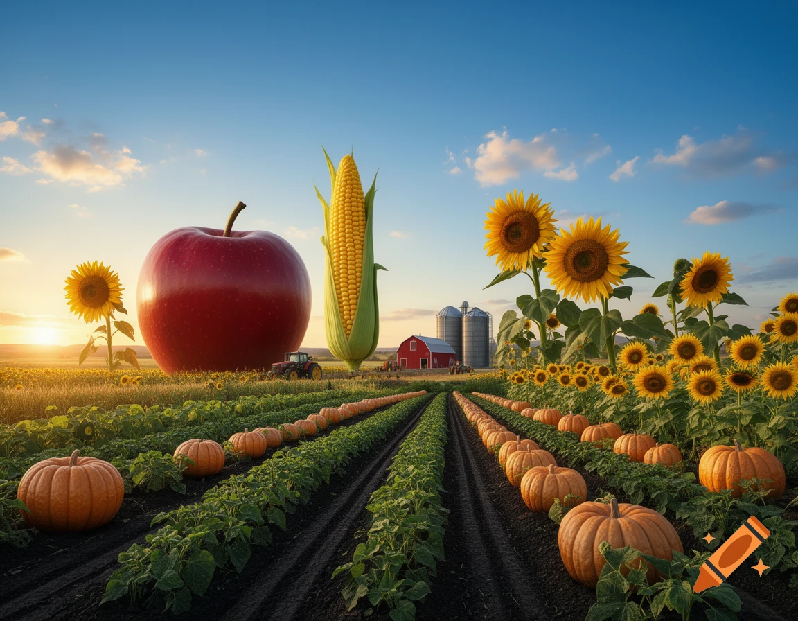 A vast agricultural landscape at sunset with rows of pumpkins, sunflowers, a red barn, and giant apple and corn.