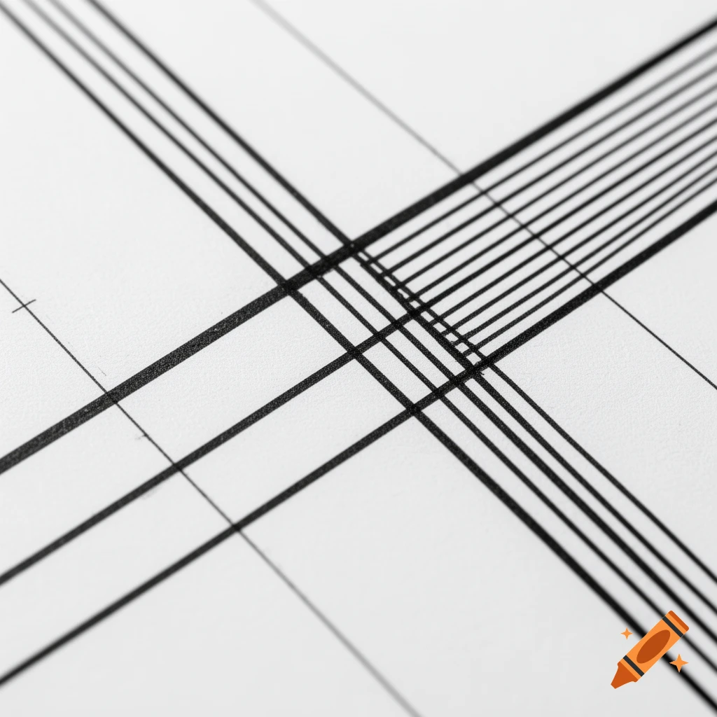 Close-up of intersecting black lines with varying thickness on a white background, creating an abstract pattern.