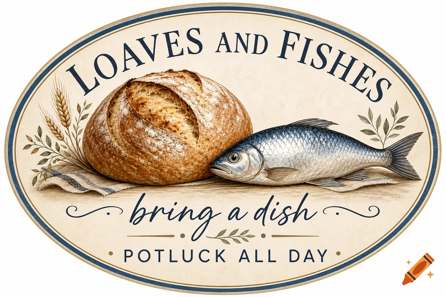 Oval logo with a round sourdough loaf, a fish, wheat, and text Loaves and Fishes, bring a dish, potluck all day.
