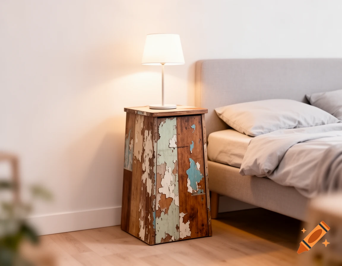 A bedroom scene features a bed with grey bedding next to a nightstand made of distressed wood with peeling blue and white paint, topped by a simple white lamp.