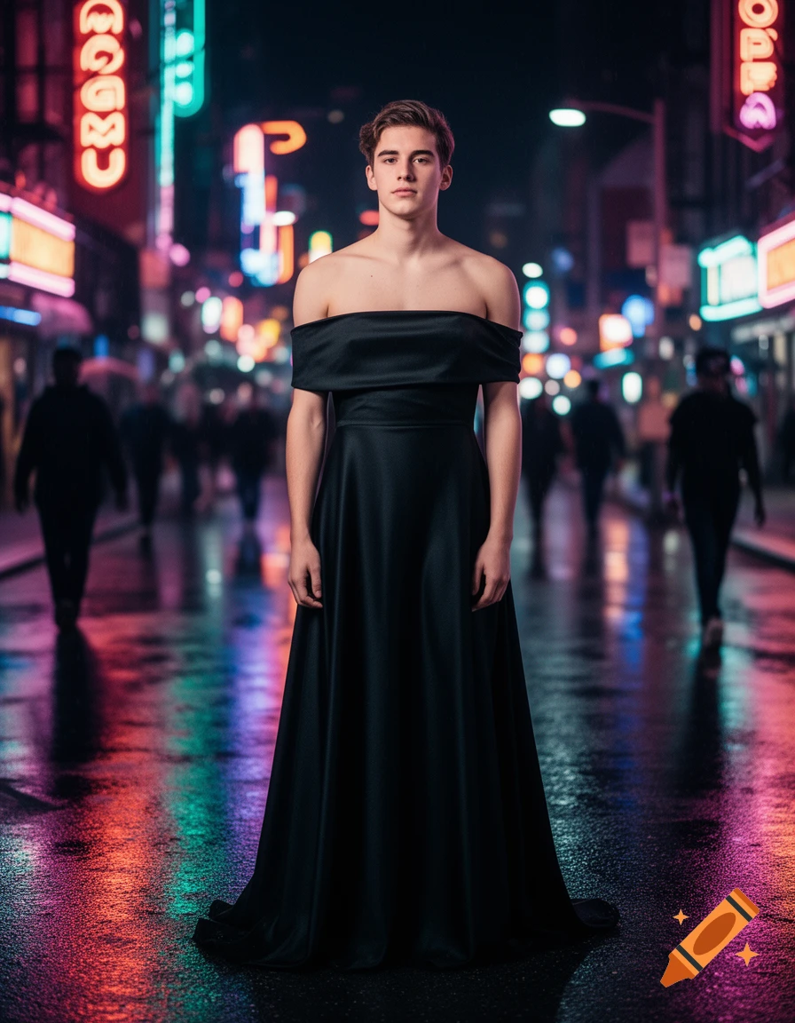 A young man in a black off-the-shoulder dress stands on a wet, neon-lit city street at night.