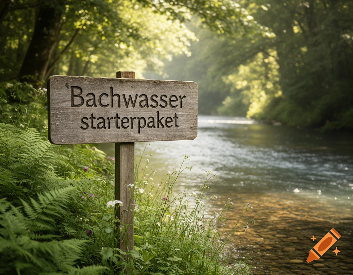 A wooden sign with 'Bachwasser starterpaket' carved into it stands beside a shimmering river in a sunlit forest.