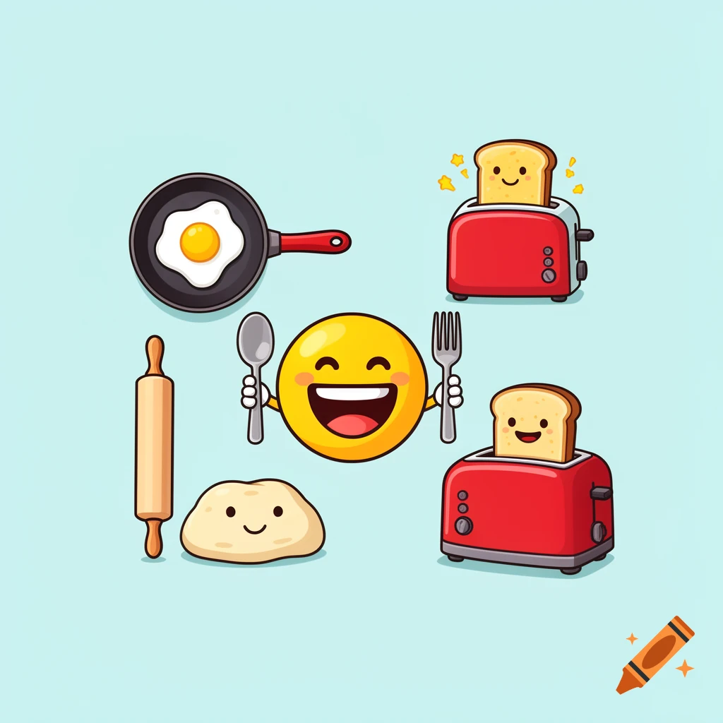 Cartoon kitchen items: a frying pan with an egg, two toasters with happy toast, a happy emoji holding cutlery, a rolling pin, and happy dough.