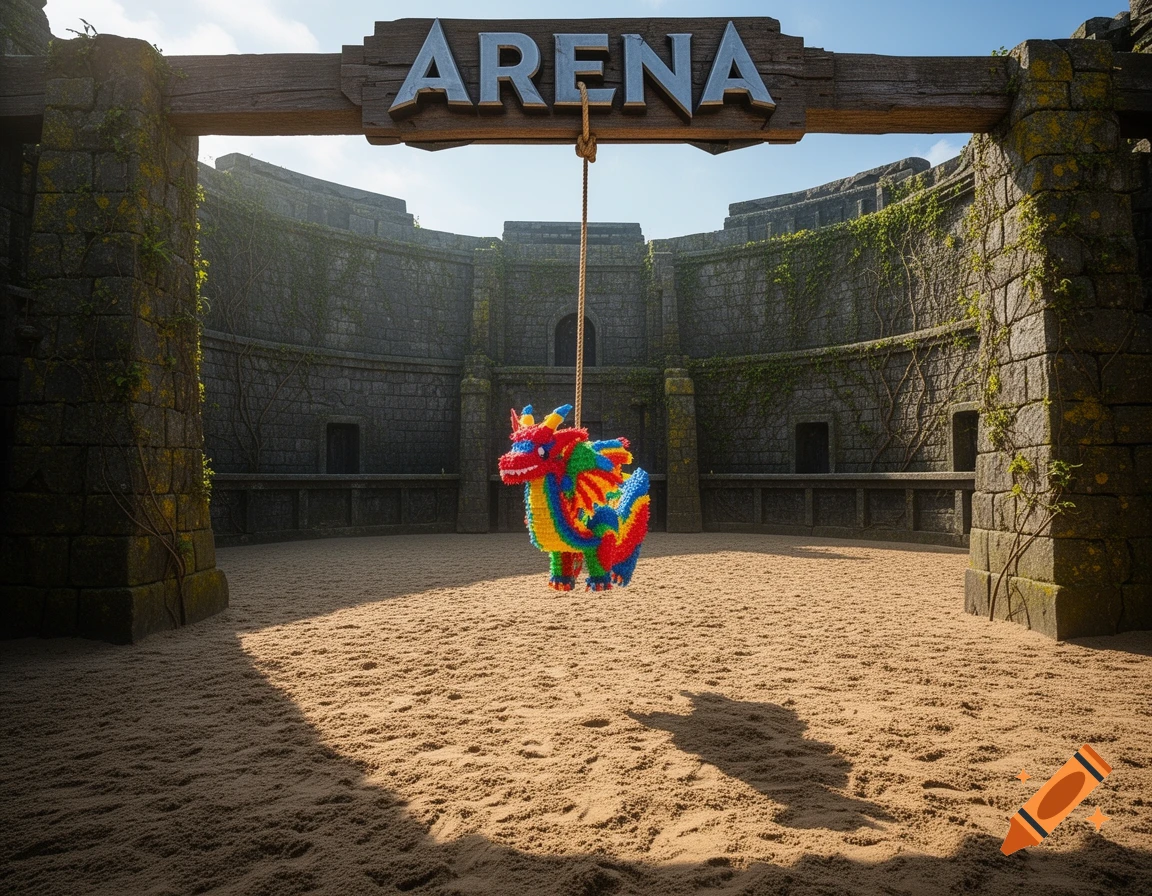 A vibrant dragon-shaped piñata hangs in the center of a sandy, ancient stone arena entrance, with a large wooden sign above reading "ARENA".
