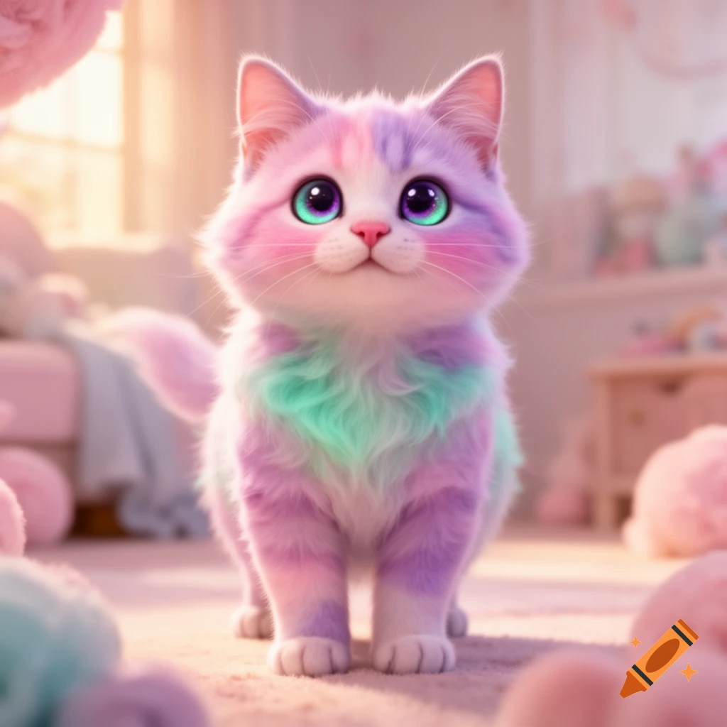 A fluffy pastel cat with large, glowing green eyes looks directly forward in a soft, bright room.