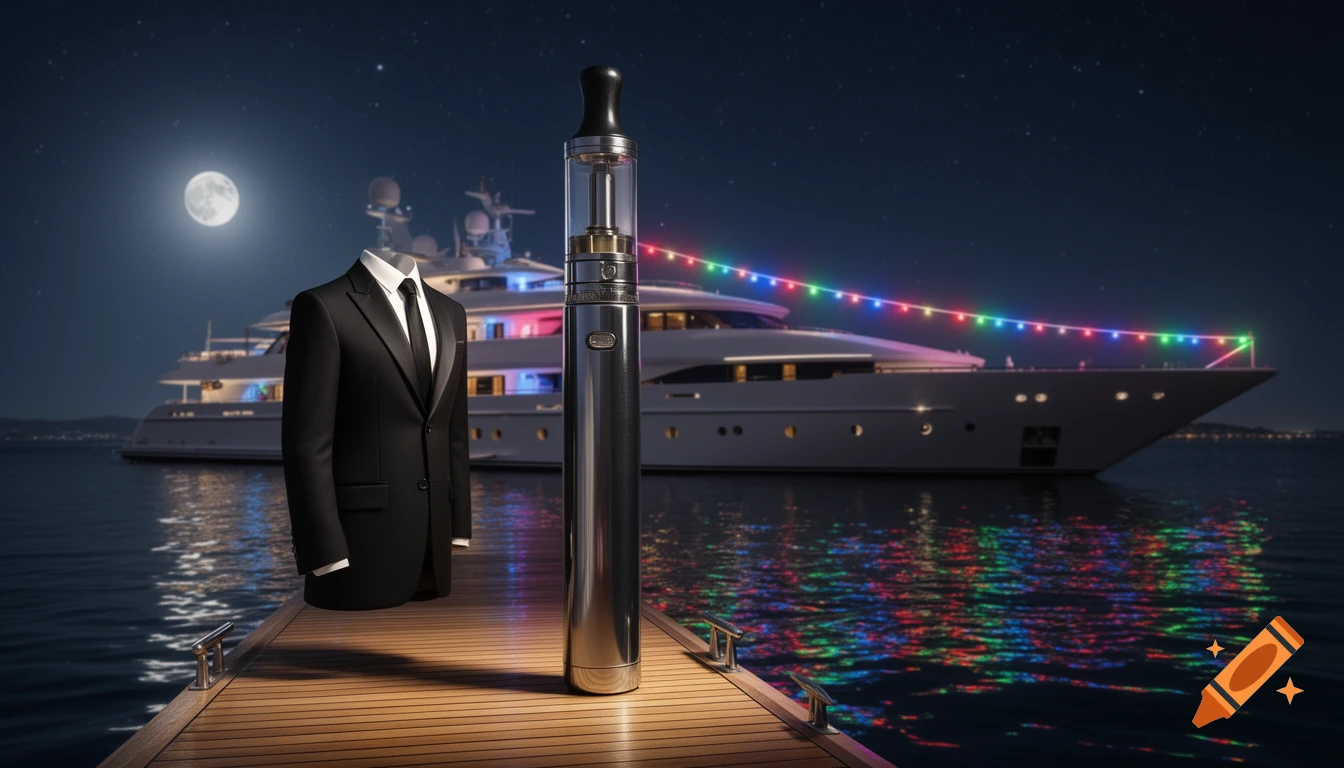 A large electronic cigarette and a headless suit stand on a dock by a lit-up party yacht under a full moon at night.