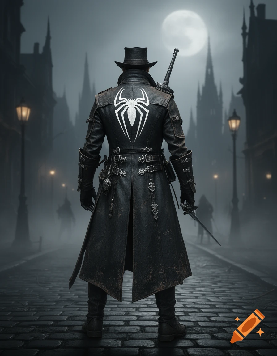 A Bloodborne-style hunter with a white Spider-Man symbol on a black trench coat stands in a foggy, gothic city under a full moon.