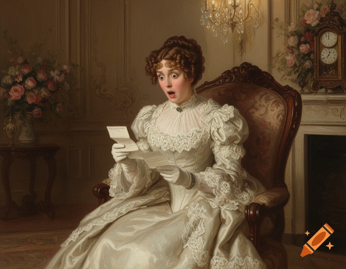 Victorian woman in an oil painting looks shocked while reading a letter in a parlor.