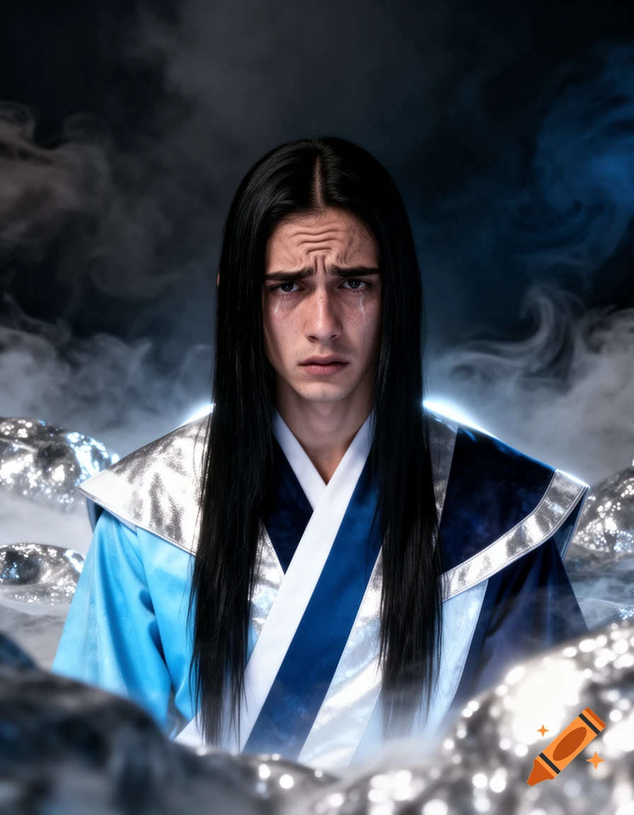 A sad young man with long black hair and a blue, white, and silver robe cries, standing amidst smoke and shimmering metallic forms.