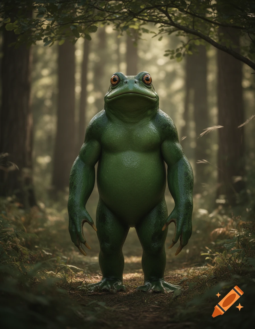 Photorealistic image of a muscular green humanoid frog standing in a misty forest.
