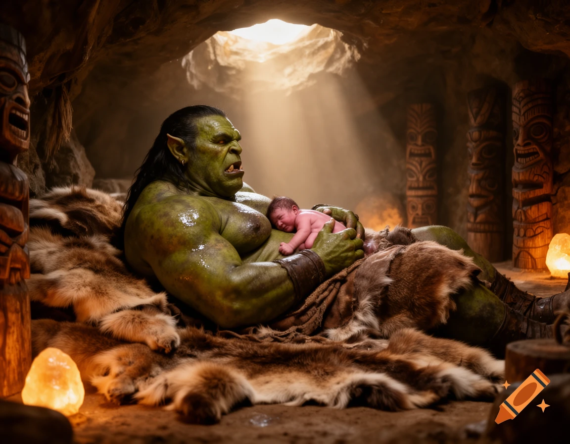 Photorealistic image of a green orc gently cradling a newborn baby on fur pelts inside a mystical cave with carved totems.