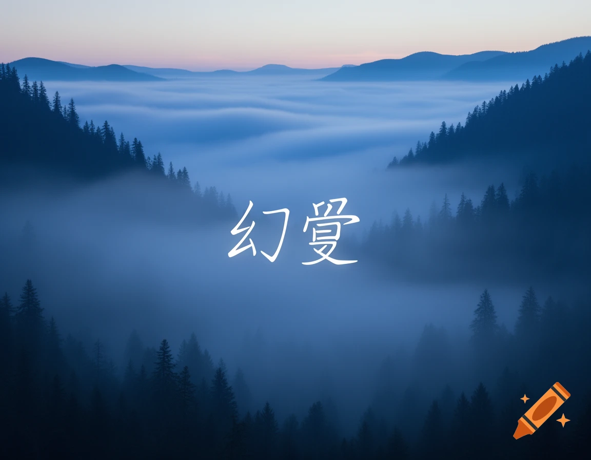 Misty blue mountain landscape with pine silhouettes and the white text '幻覺' floating in the center.