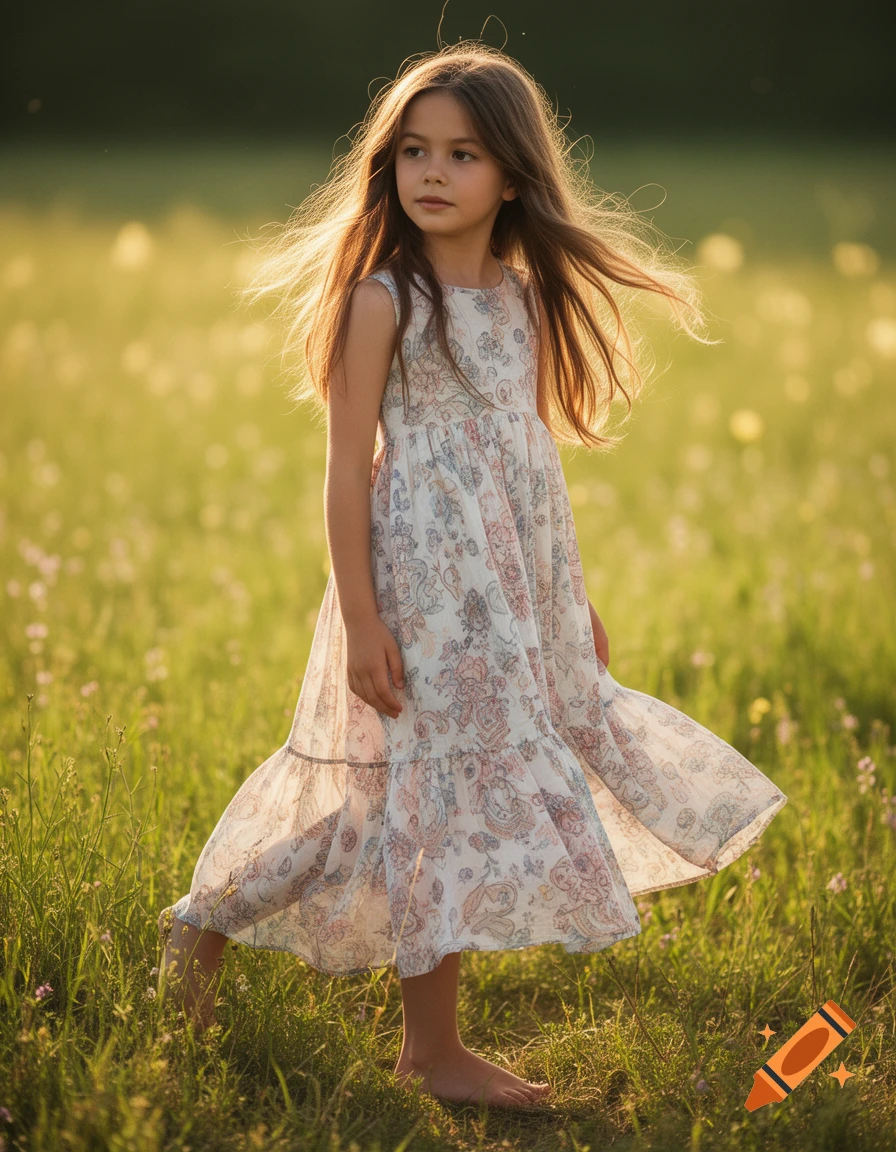 A photorealistic image of a young girl with long, flowing hair in a patterned dress, standing barefoot in a sunlit grassy field.