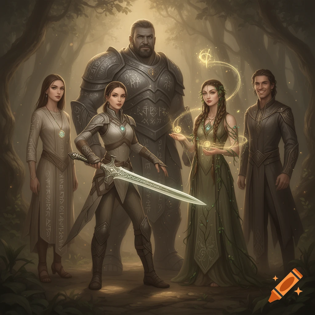 A group of five fantasy characters in a mystical forest, including a female warrior with a sword, a giant in ornate armor, and a female mage with glowing orbs.