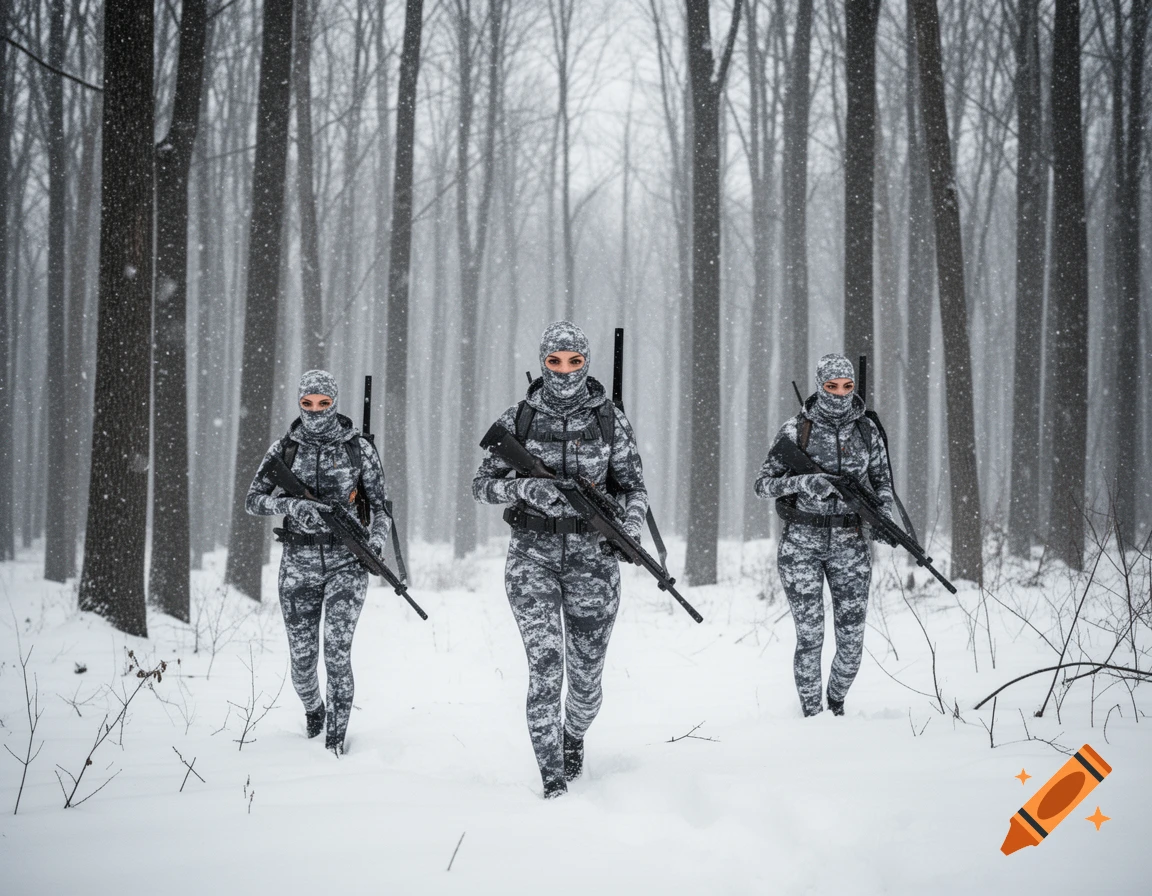 Three women in snow camouflage suits with rifles walk through a snowy winter forest as snow falls.
