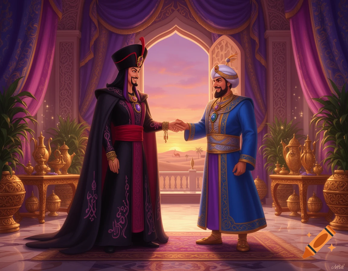 Two regal men, one in black and red and another in blue and gold, shake hands inside an ornate palace with a desert sunset visible through an archway.