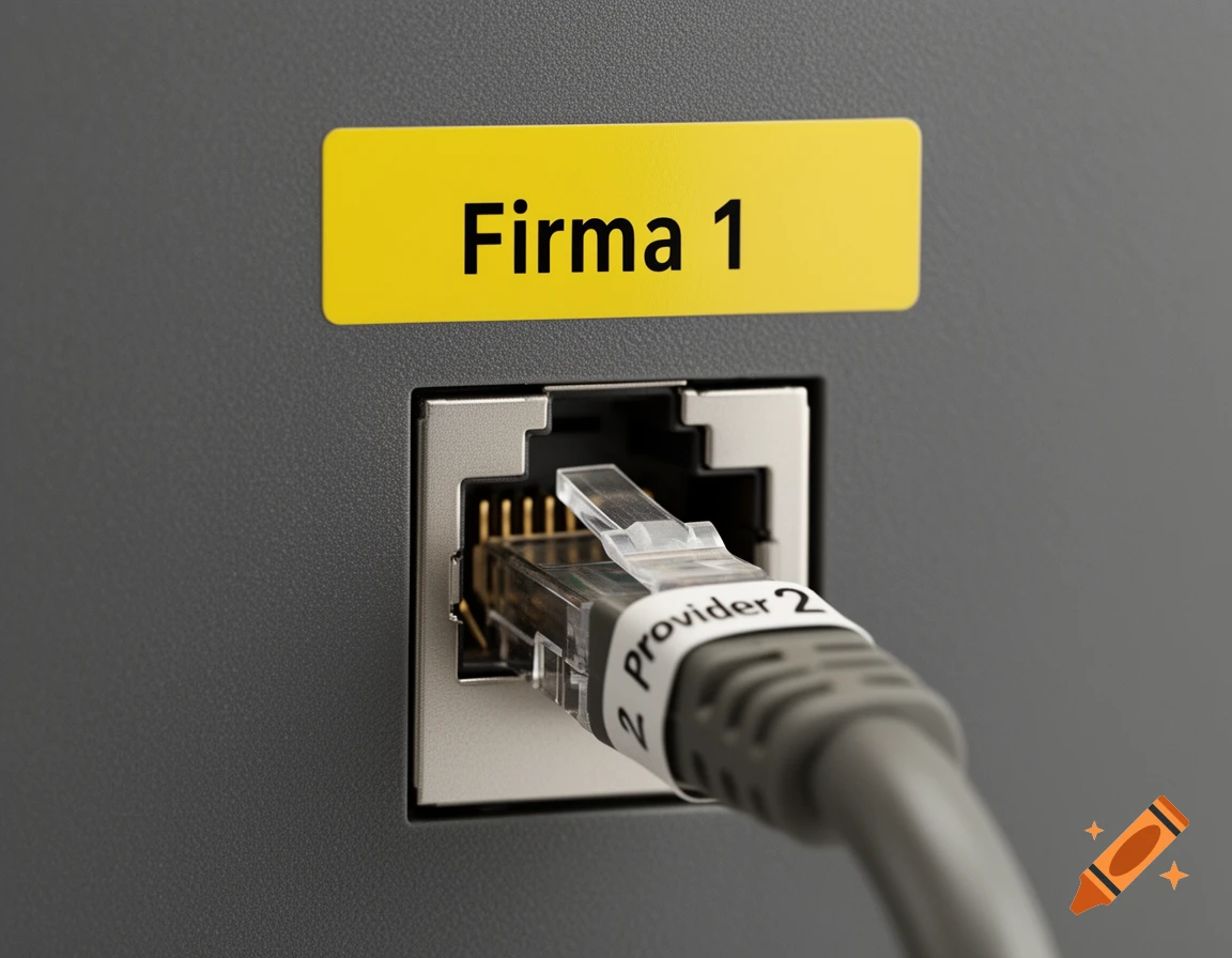 Close-up of a gray Ethernet cable plugged into a network port, with 'Firma 1' on a yellow label above and 'Provider 2' on the cable.