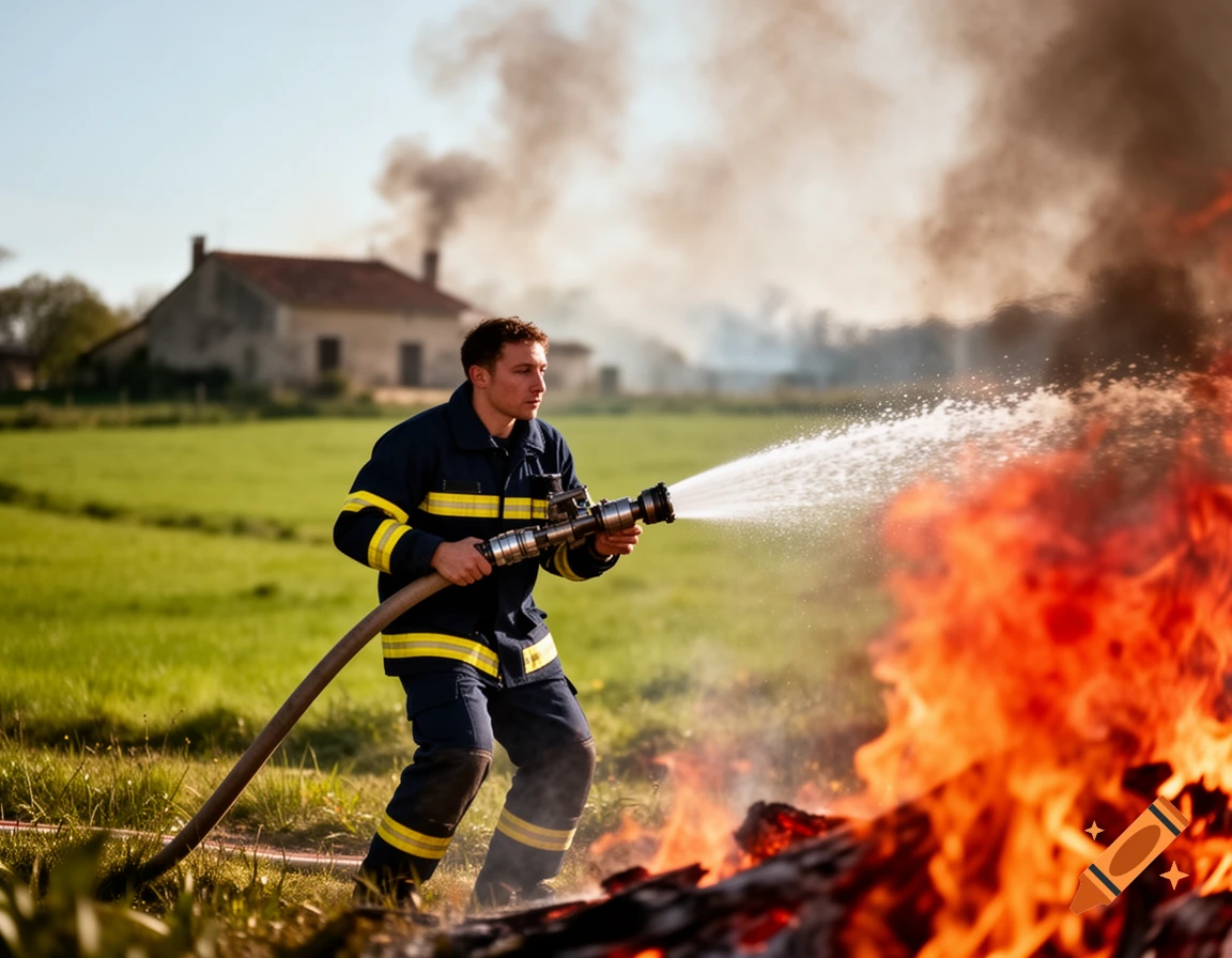 A male firefighter in uniform sprays water from a hose onto a large fire in a grassy field with a house in the background.