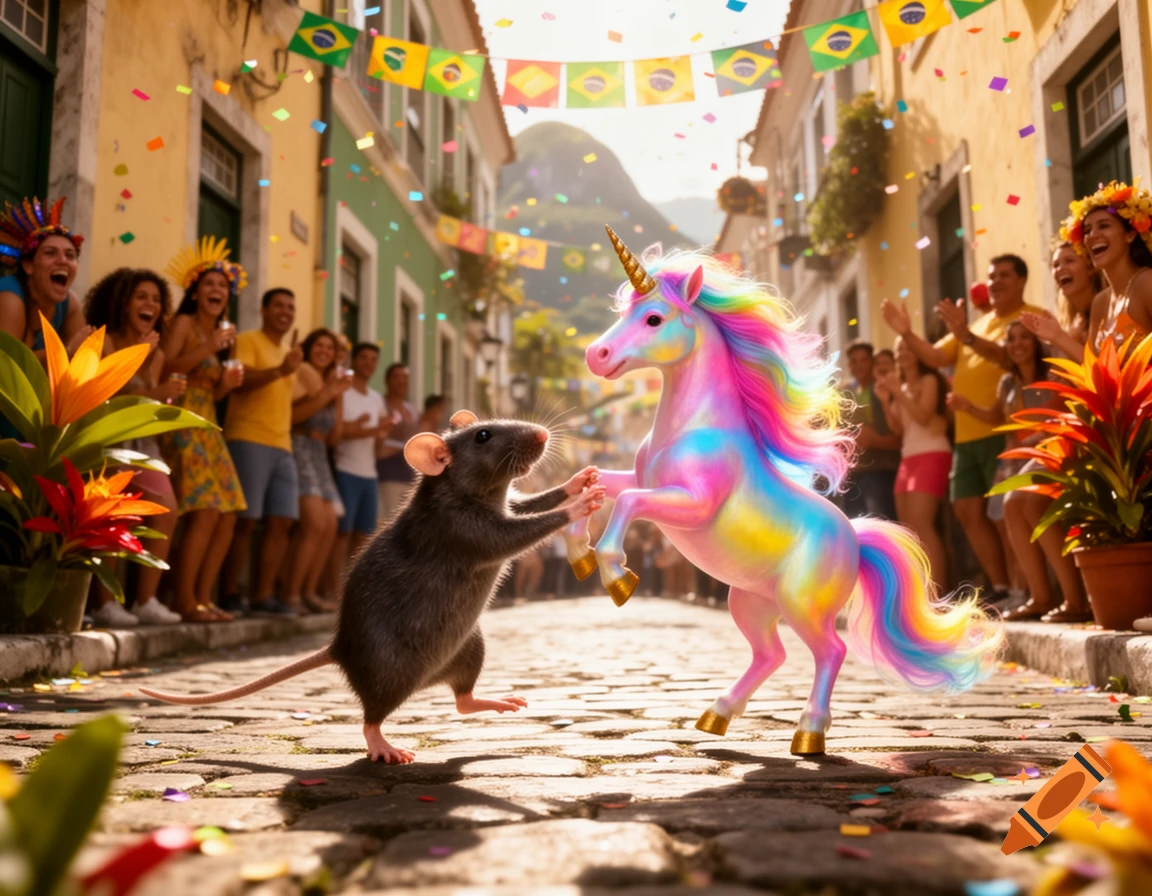 A gray rat and a rainbow unicorn waltz on a cobblestone street, surrounded by cheering people and Brazilian flags at a vibrant festival.