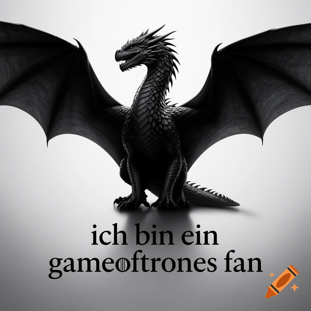A stylized black dragon with spread wings on a white background. Below, text reads 'ich bin ein gameoftrones fan'.