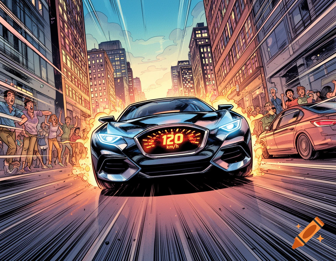 Black sports car speeding through a vibrant comic style city street with onlookers, displaying 120 km/h.