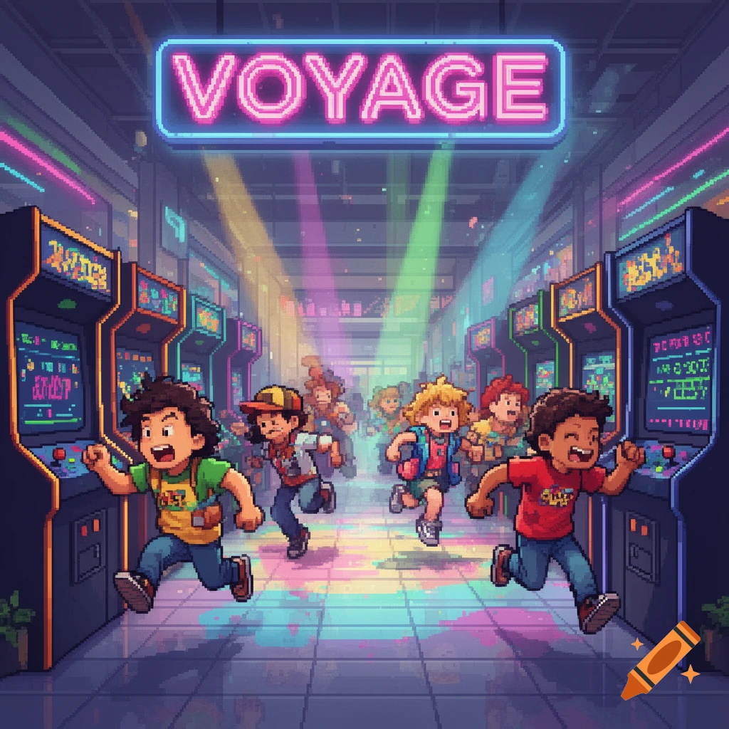 Pixel art of children running through a vibrant, neon-lit arcade under a 'VOYAGE' sign.