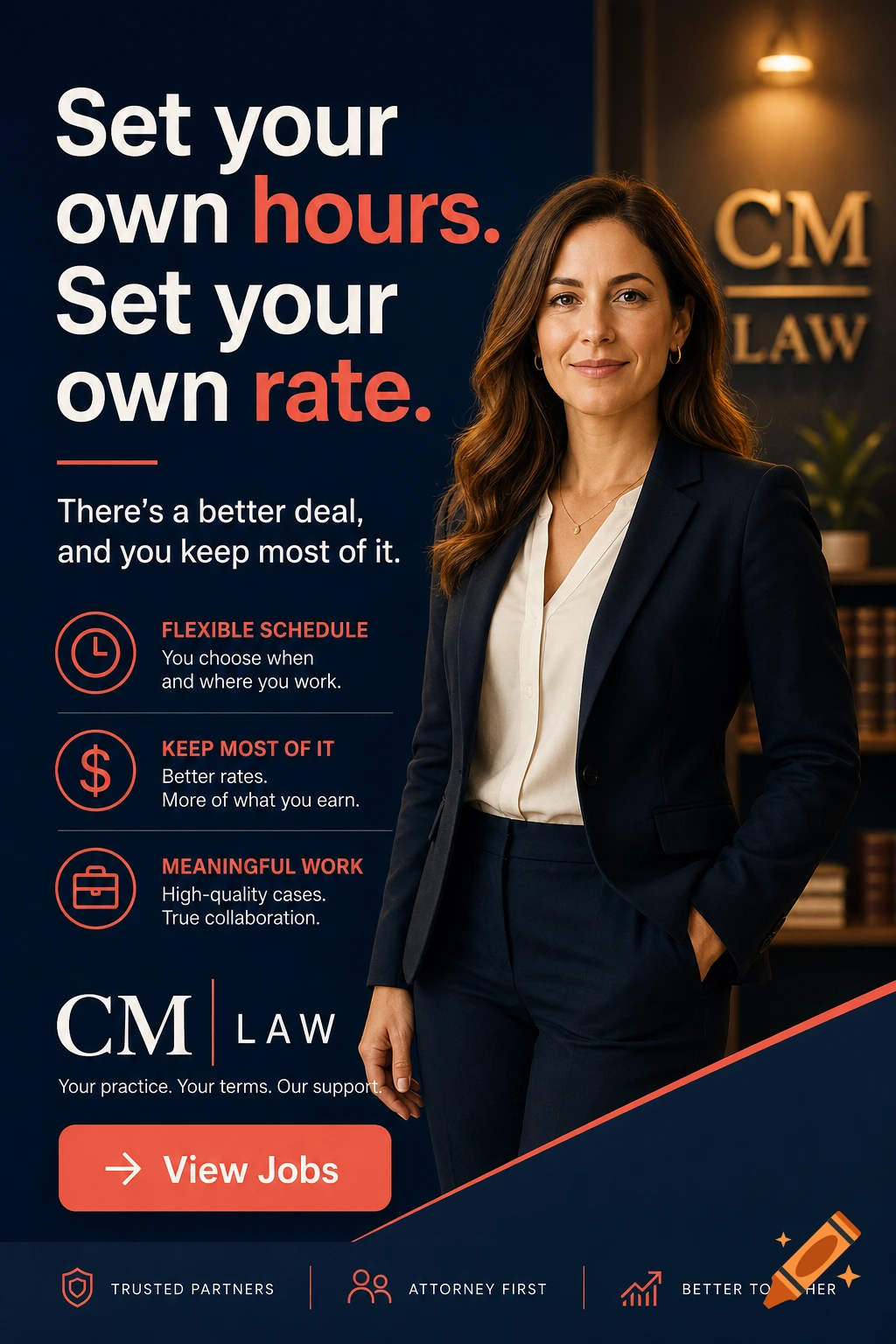 A professional woman in a suit stands in an office next to an advertisement for "CM LAW" saying "Set your own hours. Set your own rate."