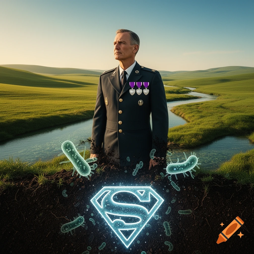 A man in a military uniform stands in a lush green landscape with a river, with glowing microbial life and a Superman logo emerging from the soil.