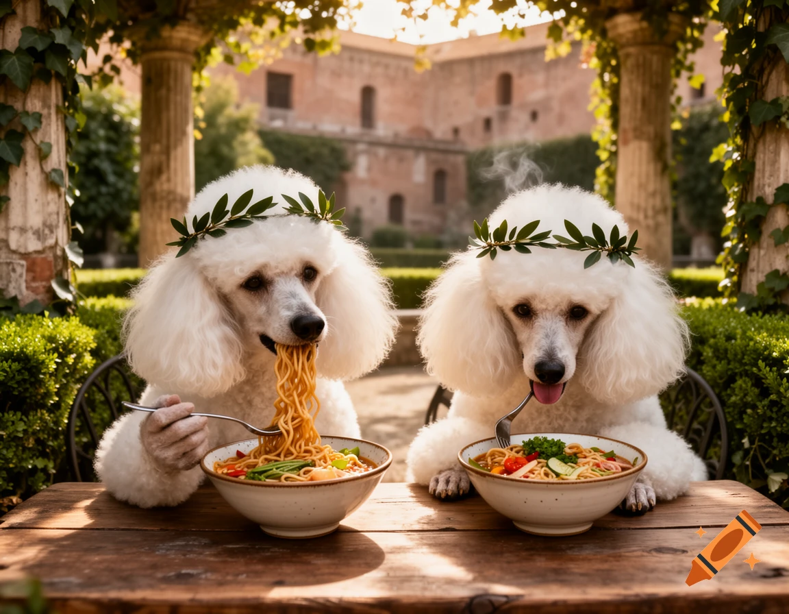 Two white poodles, wearing leaf wreaths, sit at a wooden table outdoors, eating ramen noodles from bowls with forks. Roman architecture is in the background.