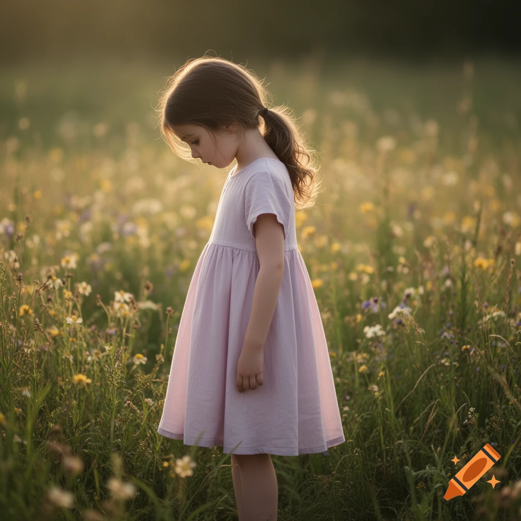 A young girl with a ponytail in a pink dress stands in a sunlit field of wildflowers, looking down.